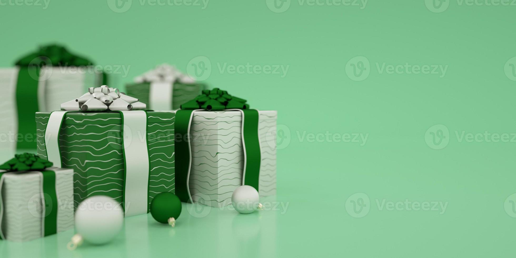 ilustração de ano novo e feliz natal com caixas de presente em fundo verde 3d render foto