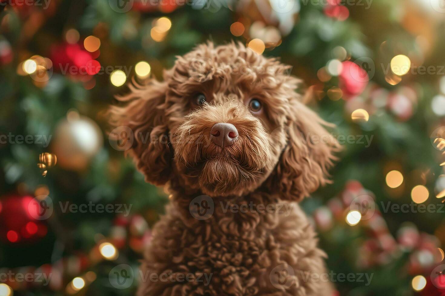 ai gerado fechar acima retrato do uma jovem Castanho labradoodle cachorro é orgulhosamente sentado dentro frente uma decorado Natal árvore foto