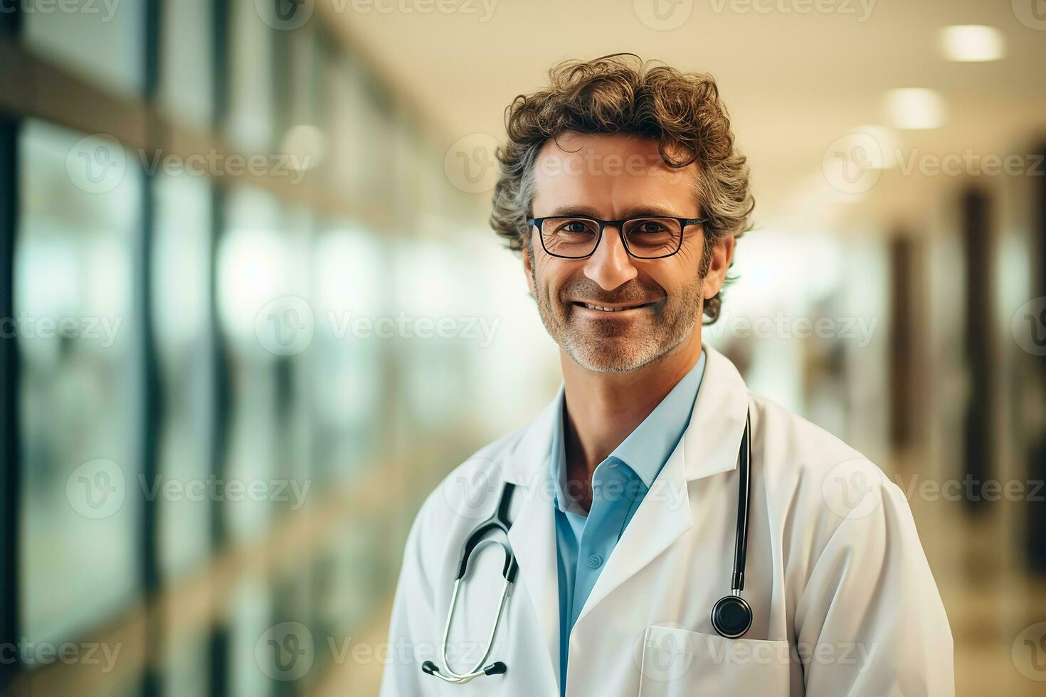 ai gerado uma feliz médico e luz embaçado hospital corredor dentro fundo, foto