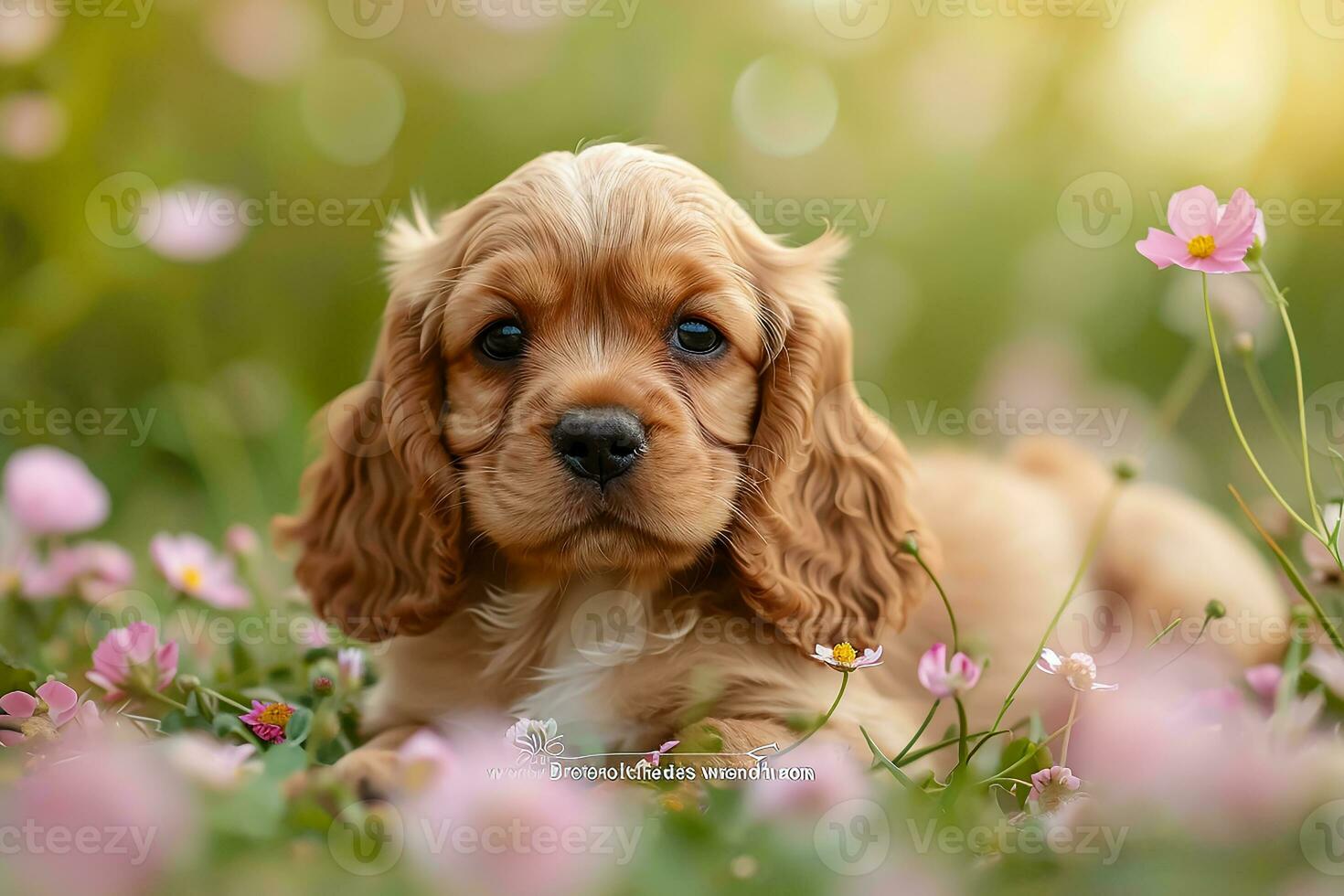 ai gerado americano Cocker spaniel cachorro muito fofa olhos com flores foto