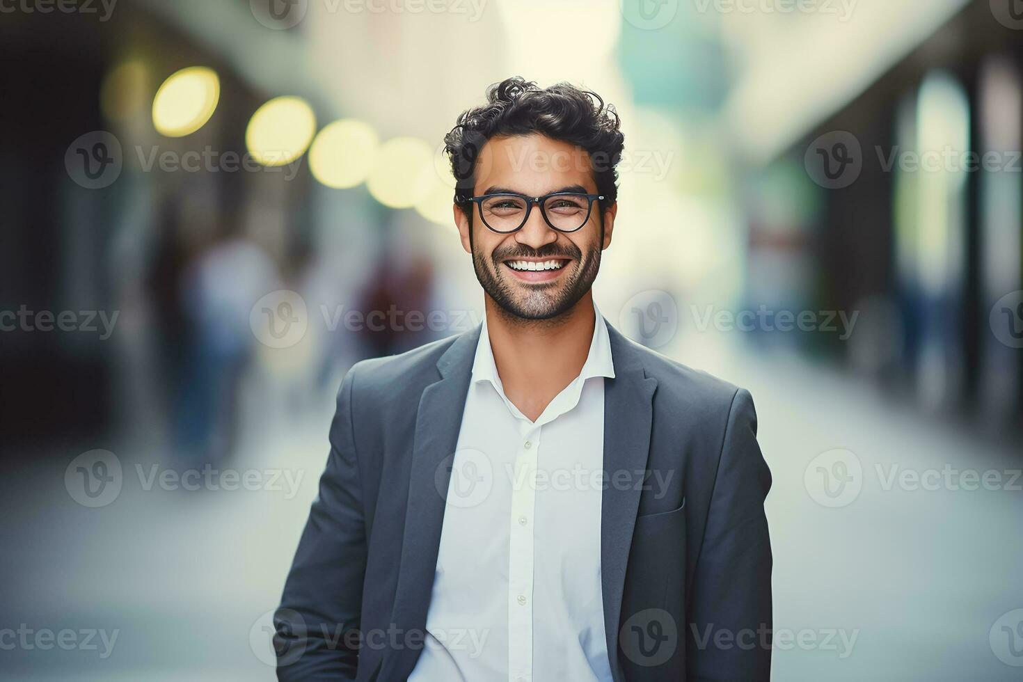 ai gerado uma feliz sorridente profissional homem, luz embaçado escritório fundo, fechar-se Visão foto