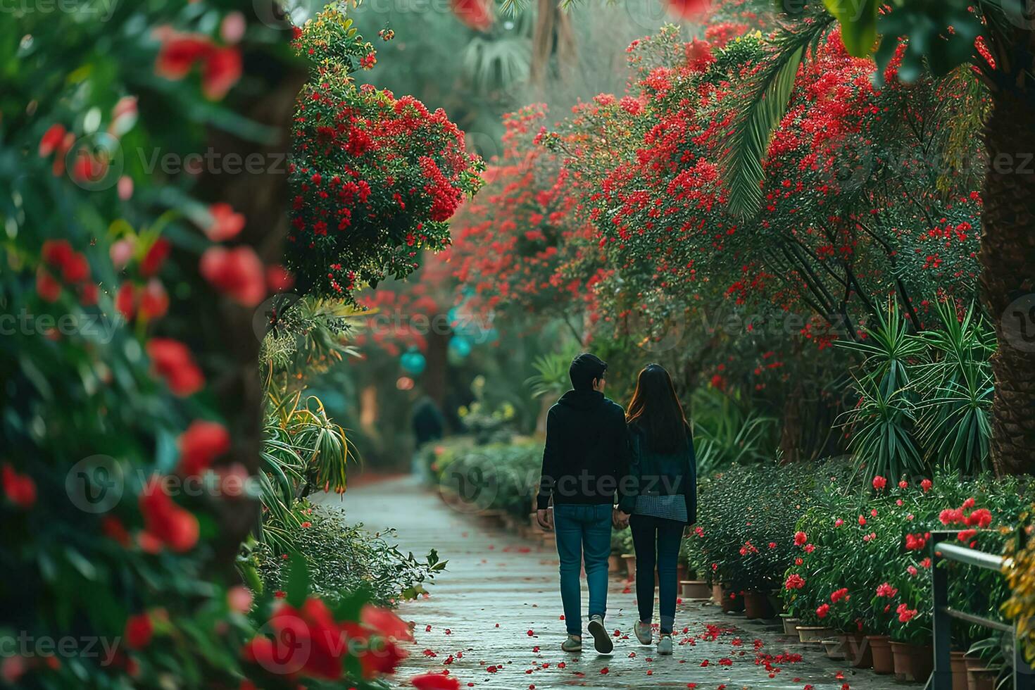 ai gerado jovem casal caminhando juntos dentro flor jardim, feliz dia dos namorados dia conceito foto