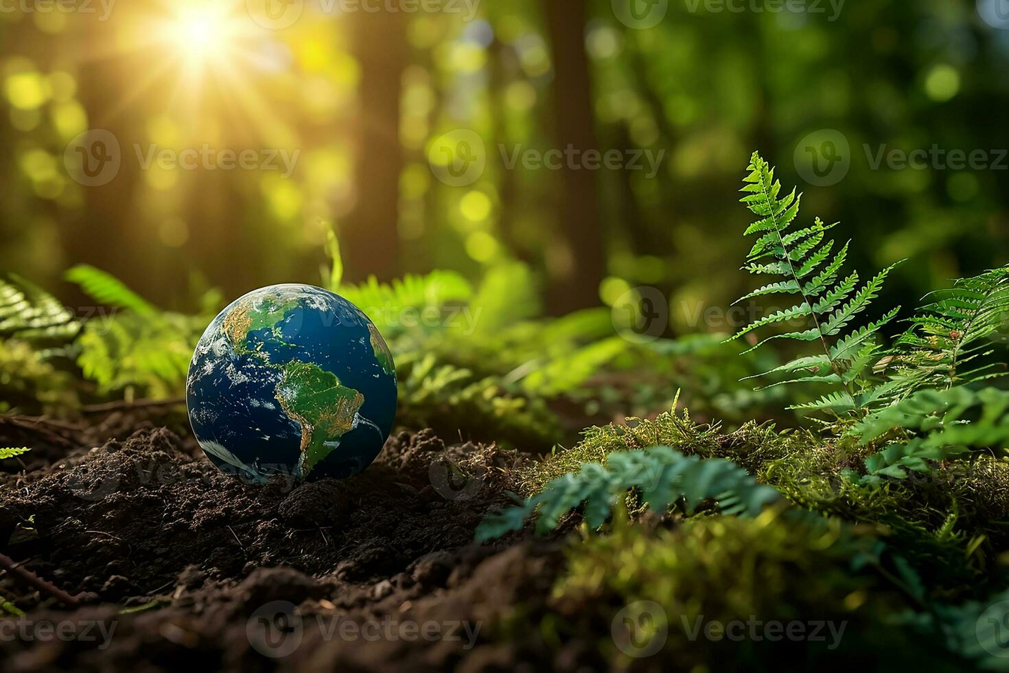 ai gerado global terra em solo dentro floresta com samambaias e Sol brilho foto