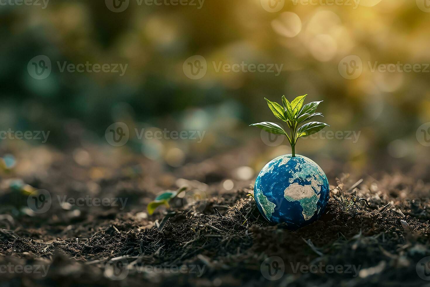 ai gerado global terra em solo dentro floresta com samambaias e Sol brilho foto