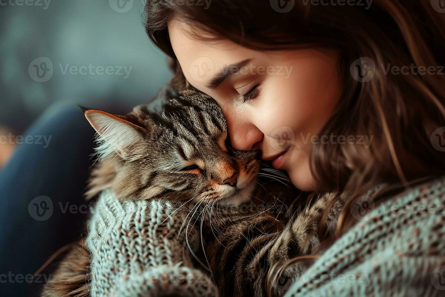 ai gerado retrato do uma jovem mulher com uma húngaro ponteiro uma pequeno gatinho dentro dela braços deitado às casa foto
