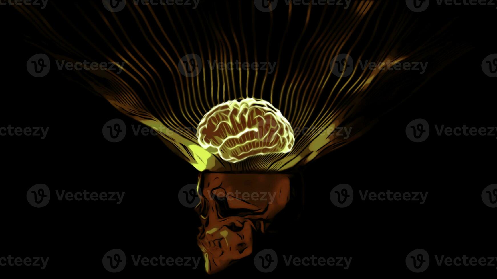 3d crânio com cérebro iluminação. Projeto. brilhante néon cérebro com brilho em Preto fundo. néon animação do crânio com cérebro foto