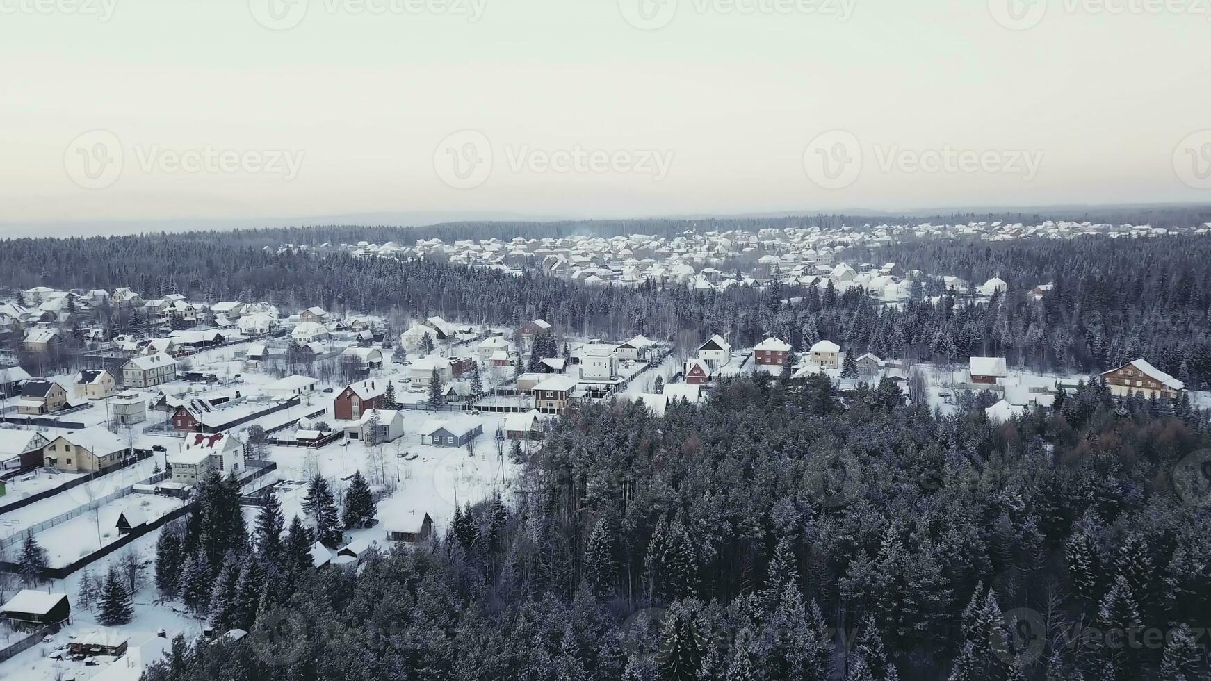 topo Visão do chalé Vila em inverno dia dentro floresta. grampo. inverno panorama com chalé Cidade dentro floresta área. conífero floresta com chalé casas em nublado inverno dia foto