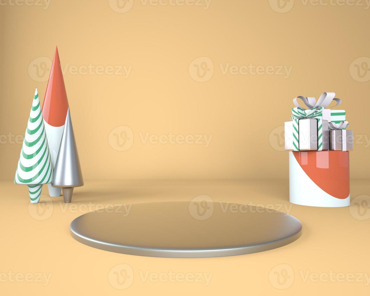 fundo de natal com árvore de natal e palco para exposição de produtos. Renderização 3D. foto