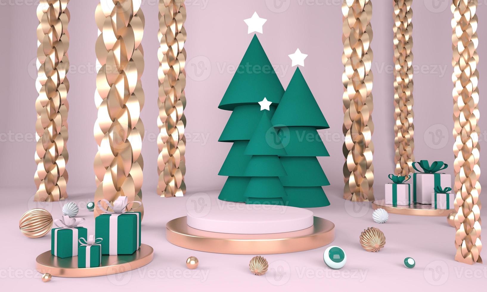 fundo de natal com árvore de natal e palco para exposição de produtos. Renderização 3D. foto