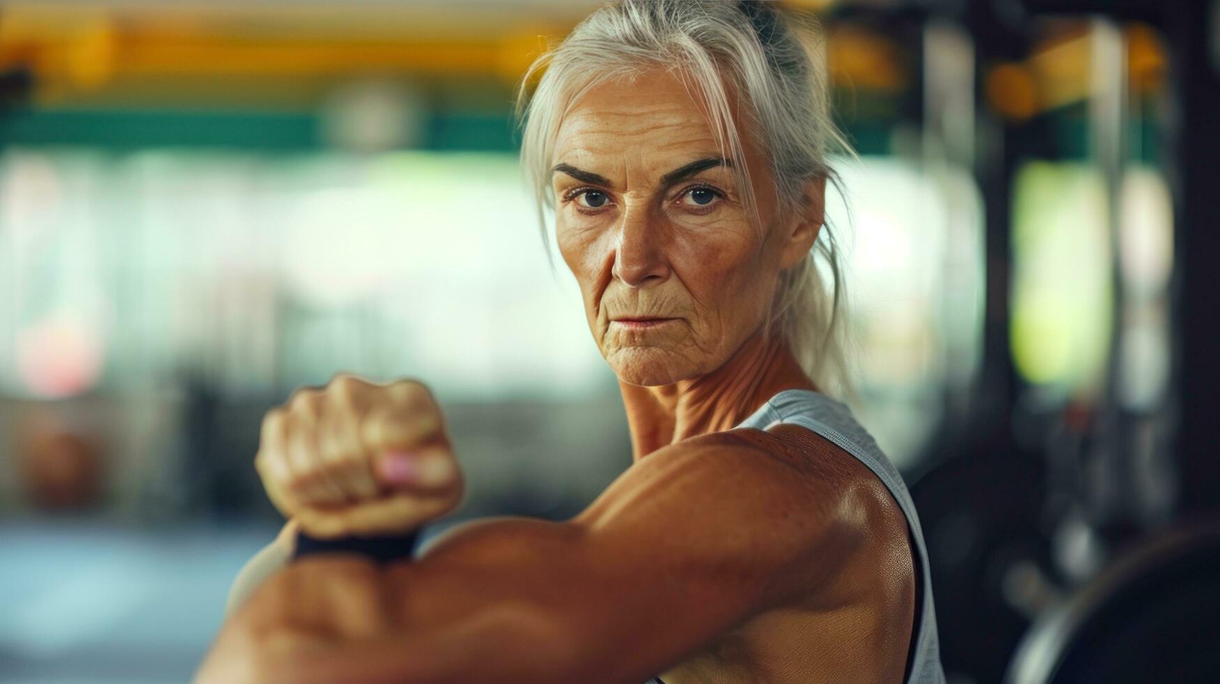 ai gerado lindo propaganda foto do velho mulher Treinamento dentro Academia