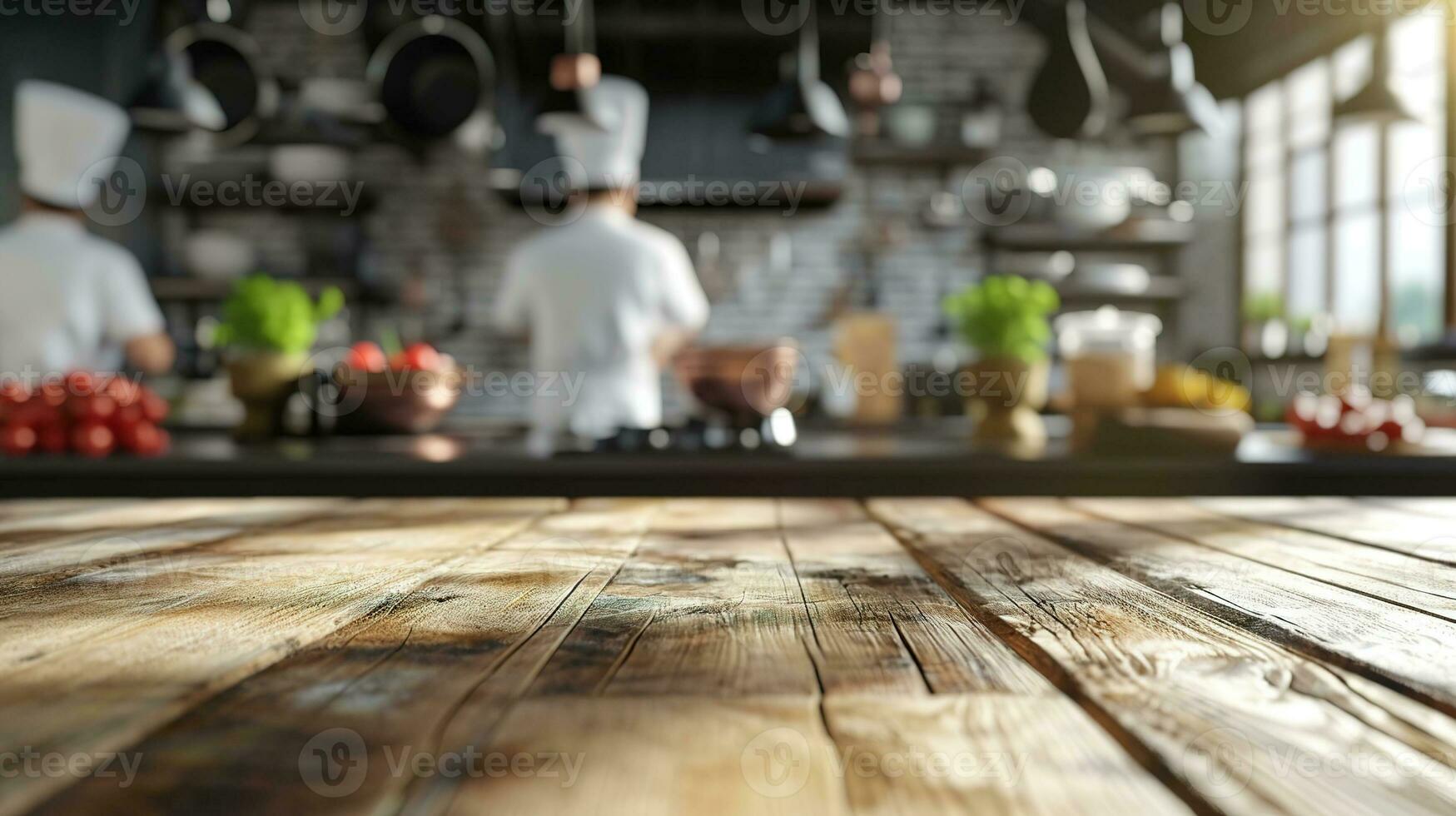 ai gerado generativo ai, ocupado chefs trabalhando em a restaurante cozinha , borrado fundo foto