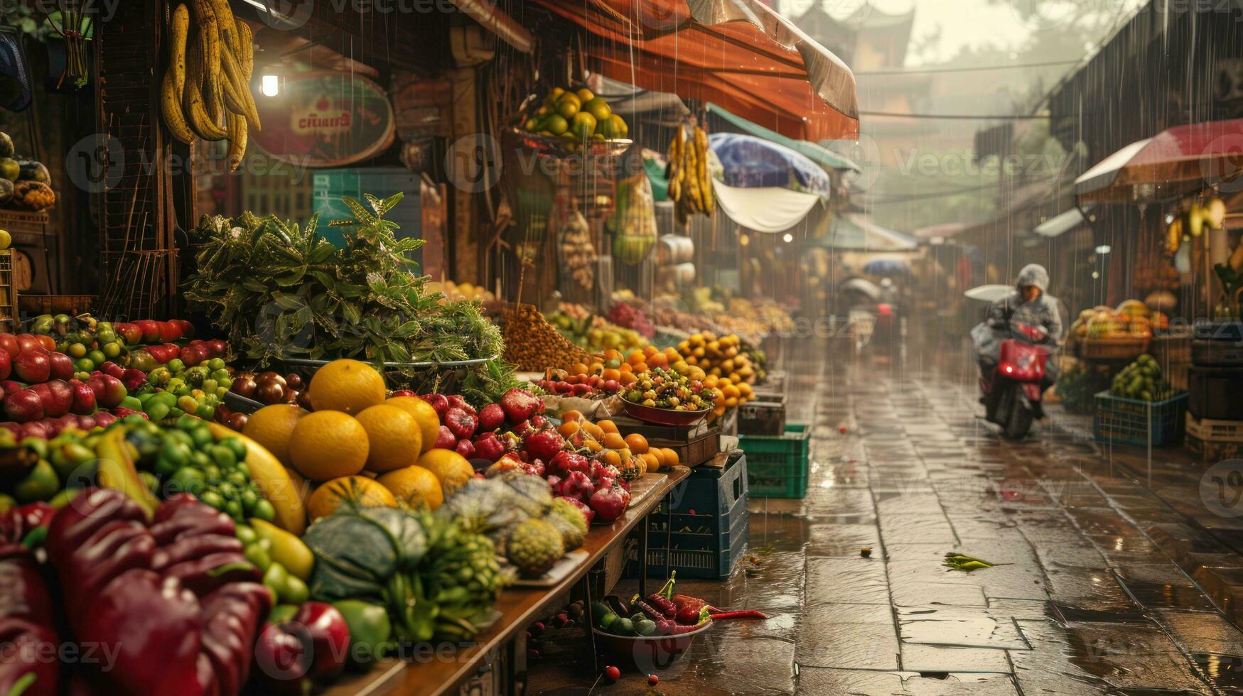 ai gerado generativo ai, tradicional oriental ásia mercado com frutas e legumes debaixo a chuva com guarda-chuvas foto