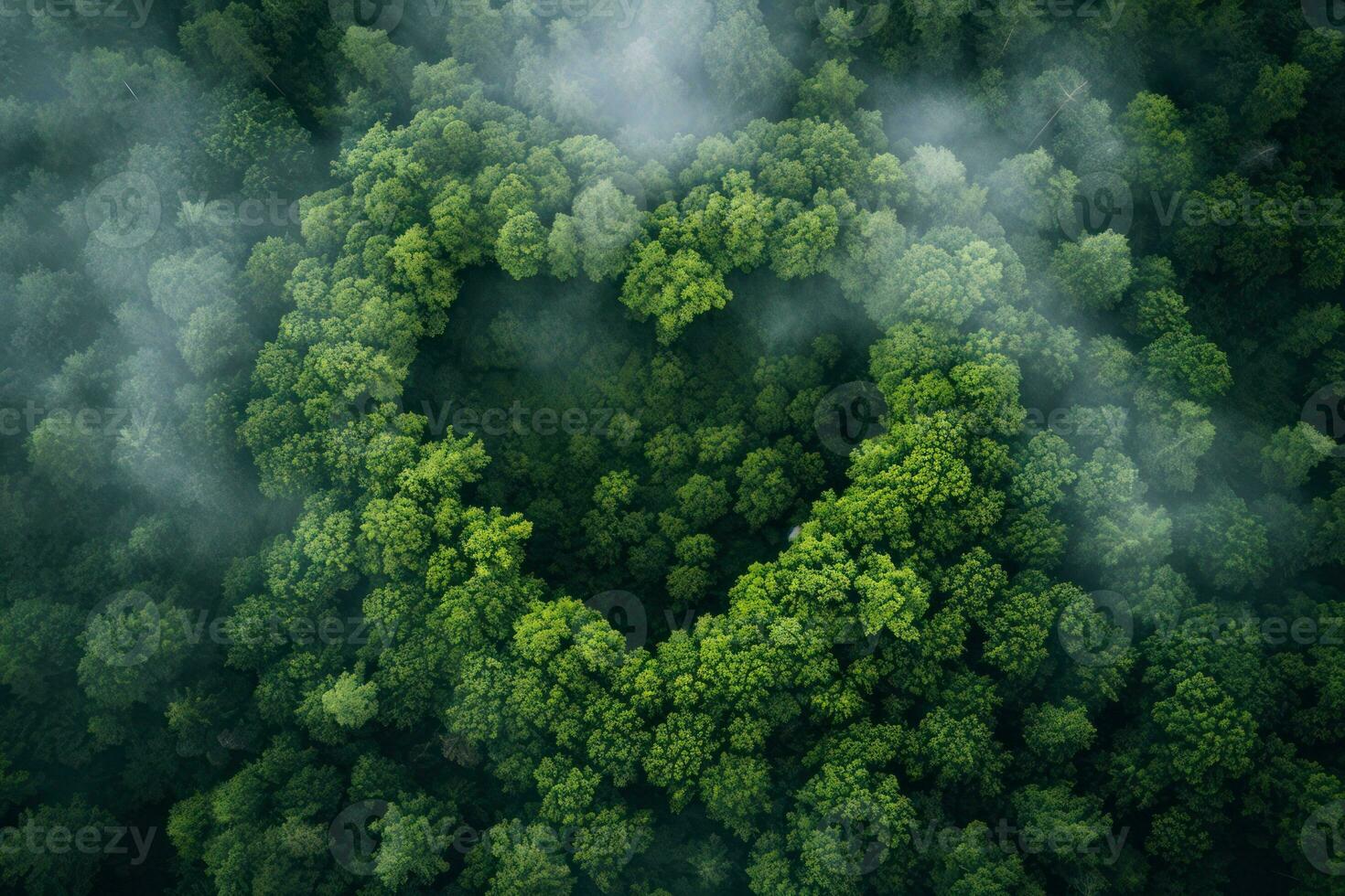 ai gerado generativo ai, verde floresta com coração forma, lindo panorama com branco nuvens, meio Ambiente amor planeta conceito foto