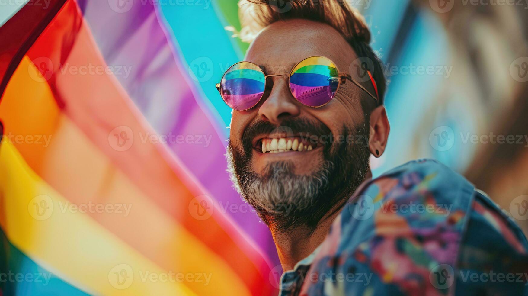 ai gerado generativo ai, gay homem sorridente com arco Iris bandeira, lgbt pessoas caminhando dentro a rua durante a orgulho gay orgulho foto