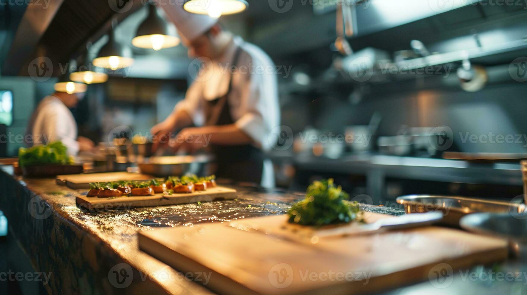 ai gerado generativo ai, ocupado chefs trabalhando em a restaurante cozinha , borrado fundo foto