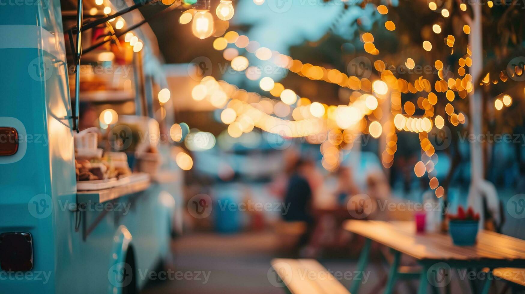 ai gerado generativo ai, Comida caminhão rua festival, borrado luzes fundo, atmosférico bokeh, silenciado cores foto