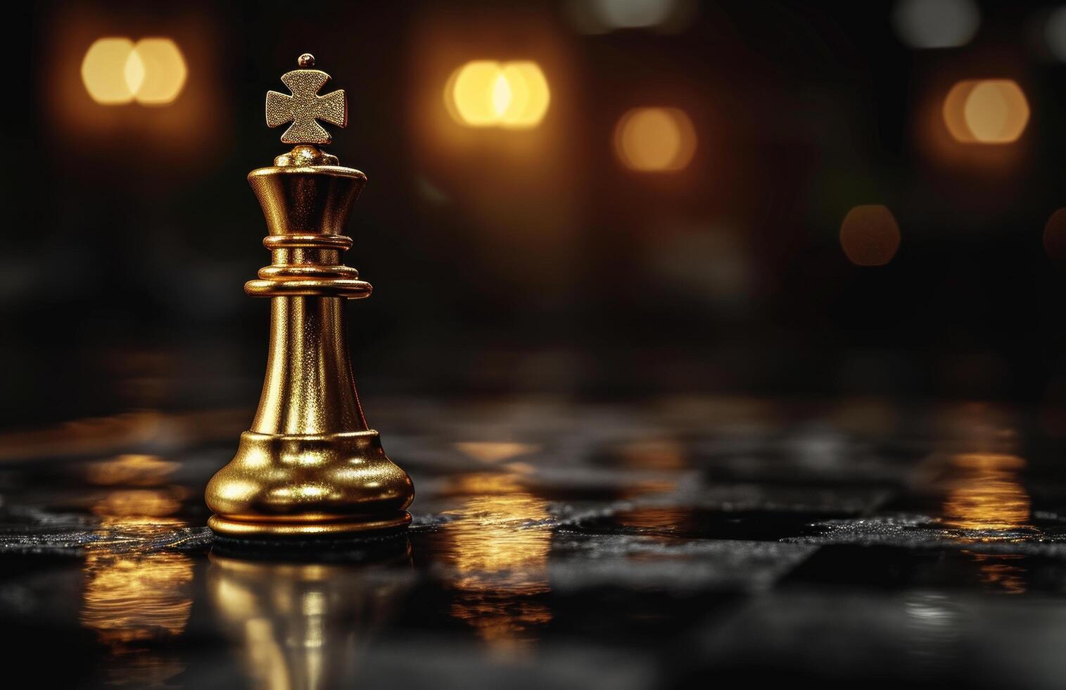 ai gerado uma dourado rei xadrez peça é em uma Preto xadrez borda foto