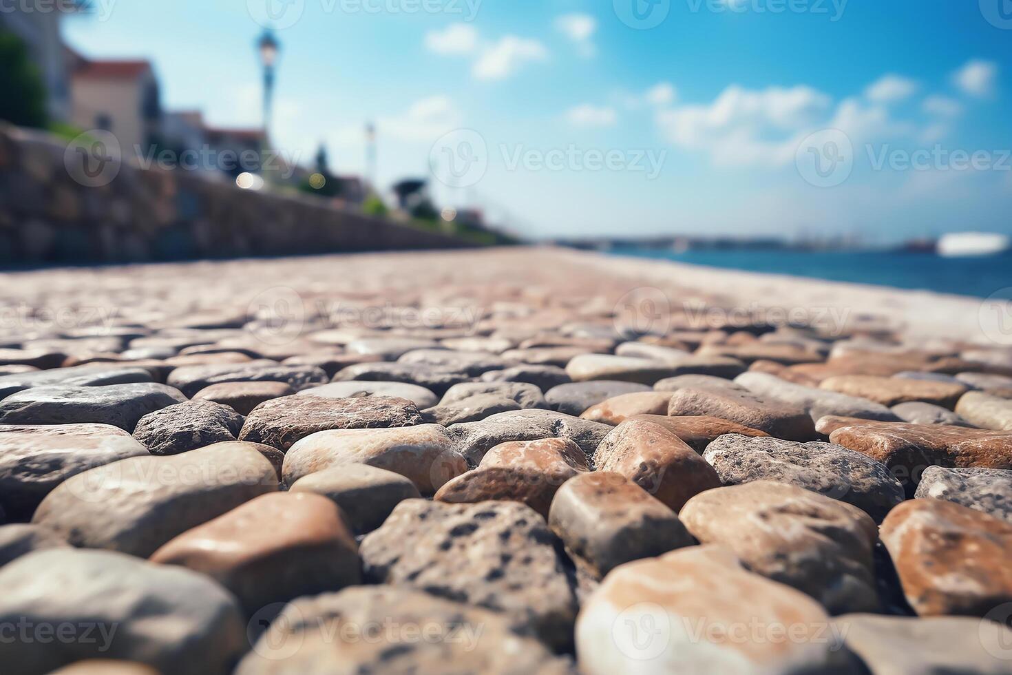 ai gerado fechar acima pedra rua chão com borrado mar e azul céu, para produtos exibição foto