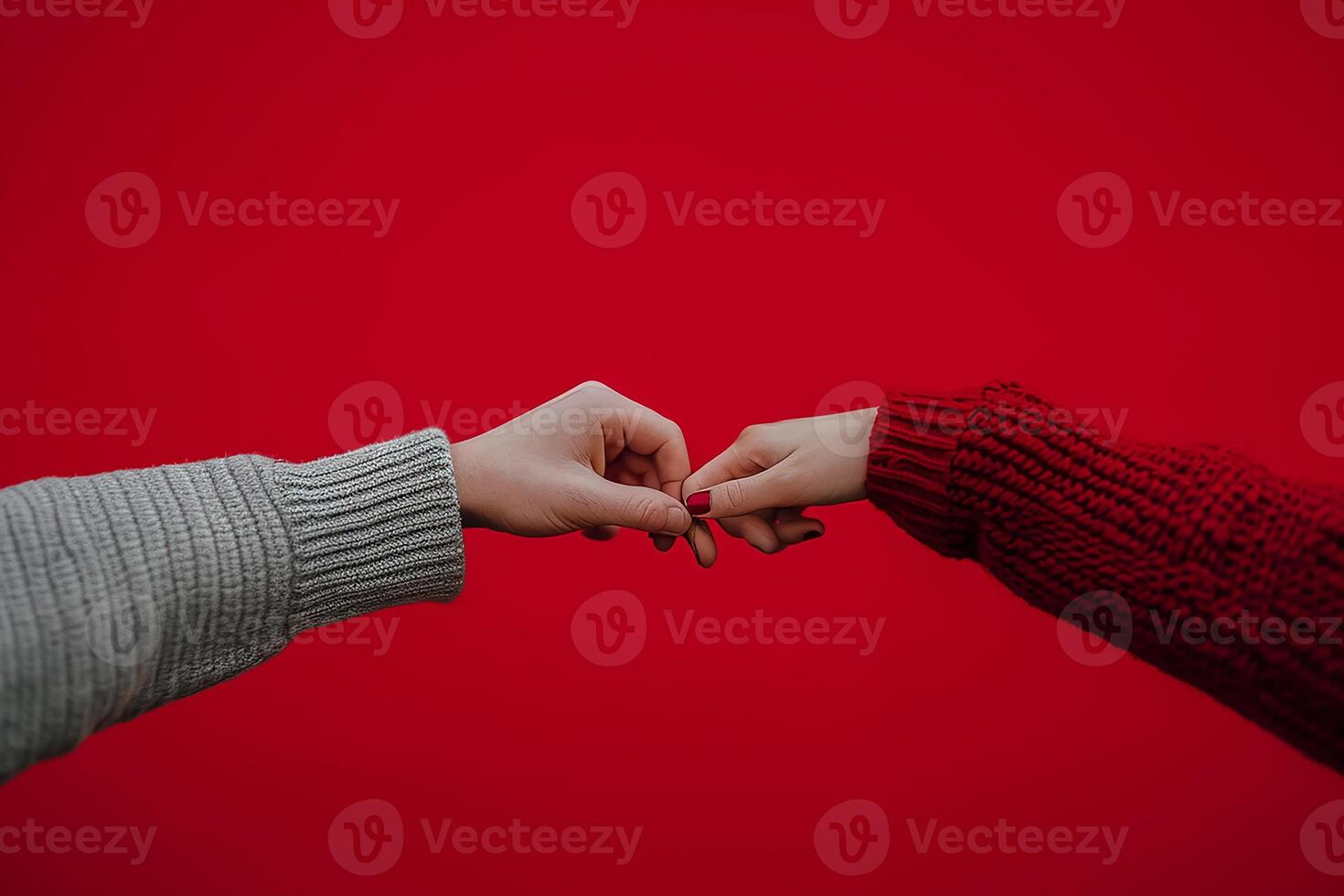 ai gerado homem e mulher fechadas dedo juntos em vermelho cor fundo, feliz dia dos namorados dia conceito foto