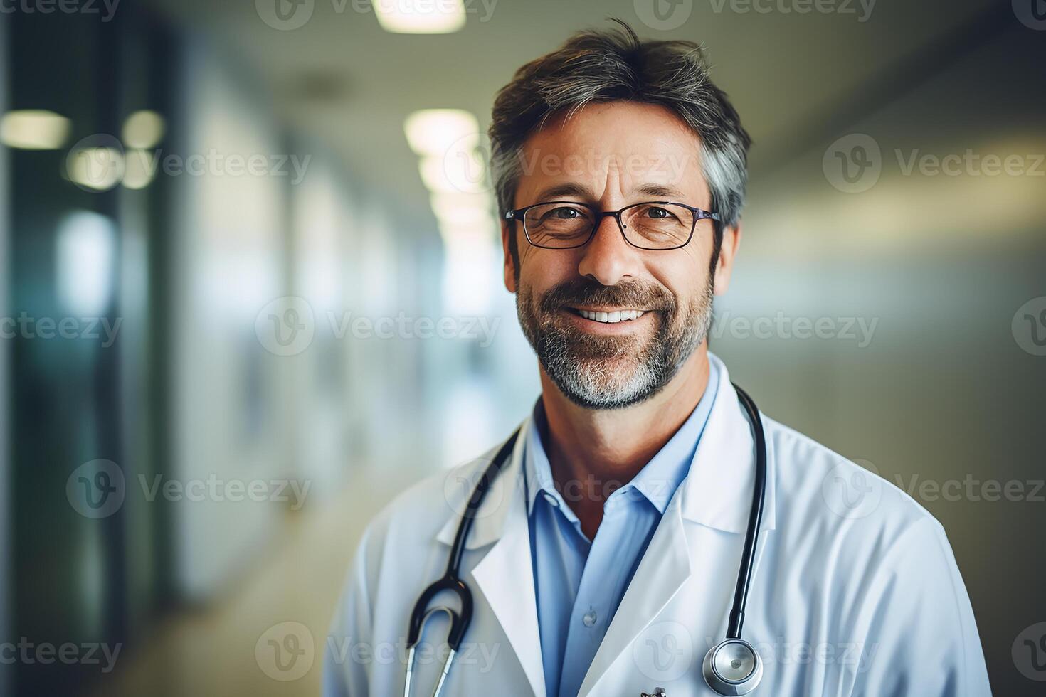 ai gerado uma feliz médico e luz embaçado hospital corredor dentro fundo, foto