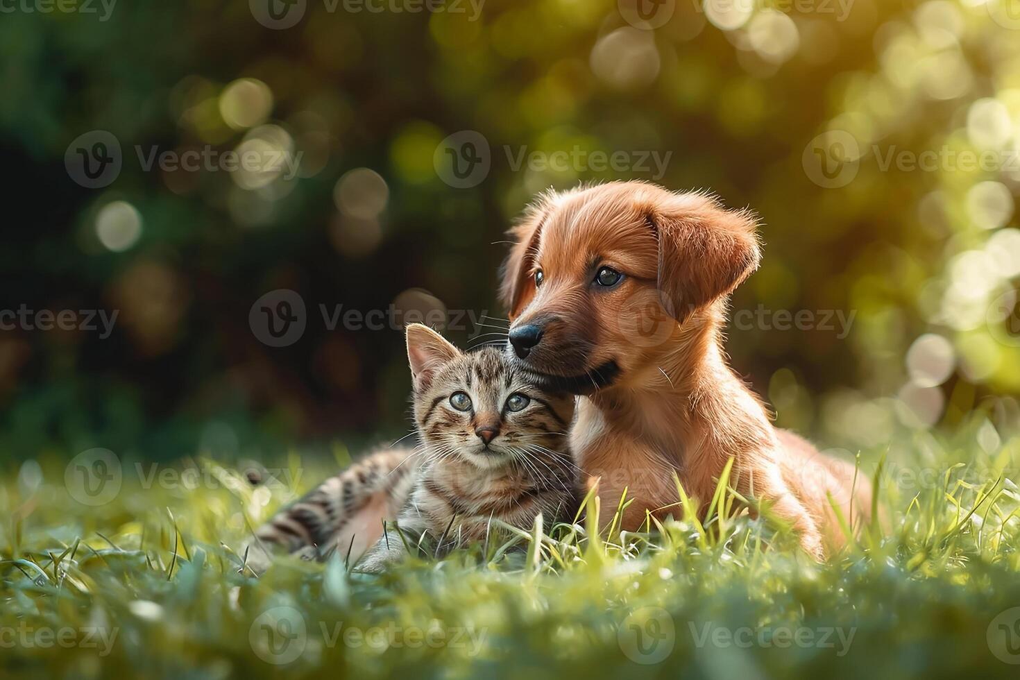 ai gerado feliz pequeno laranja havanese cachorro cachorro e gato estão sentado dentro a Relva foto