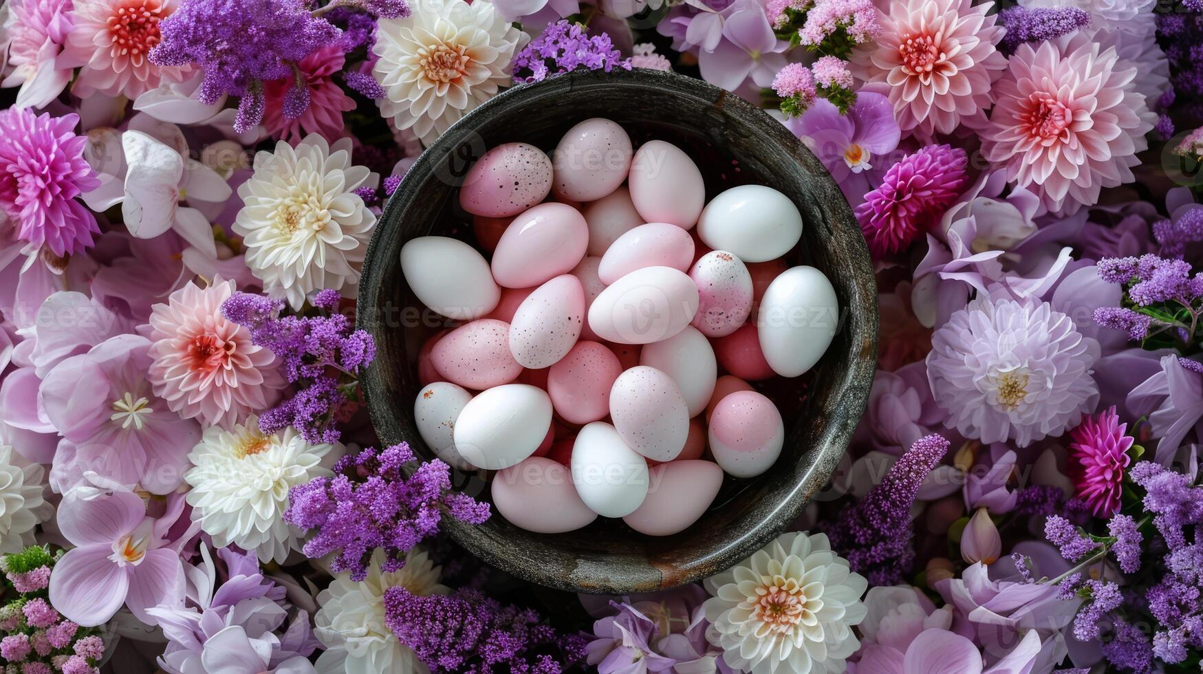 ai gerado uma tigela preenchidas com grande quantidade do branco e Rosa ovos cercado de Rosa e roxa flores em topo do uma cama do roxa e branco flores foto