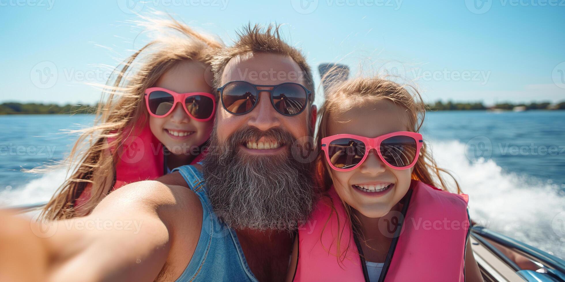 ai gerado do pai dia conceito, alegre família momento em uma barco, pai com crianças, ensolarado dia e espumante águas foto