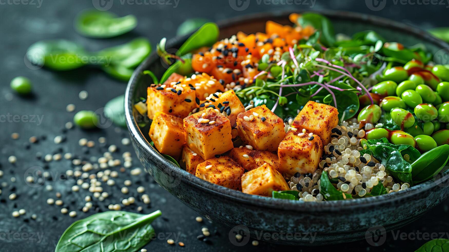 ai gerado vegetariano Buda tigela com abóbora, Quinoa, espinafre, edamame, tofu. ai gerado. foto