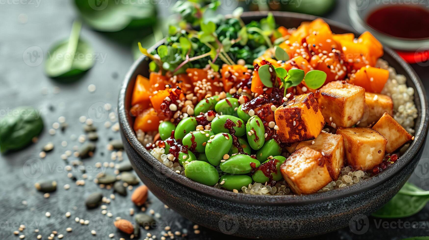 ai gerado vegetariano Buda tigela com abóbora, Quinoa, espinafre, edamame, tofu. ai gerado. foto