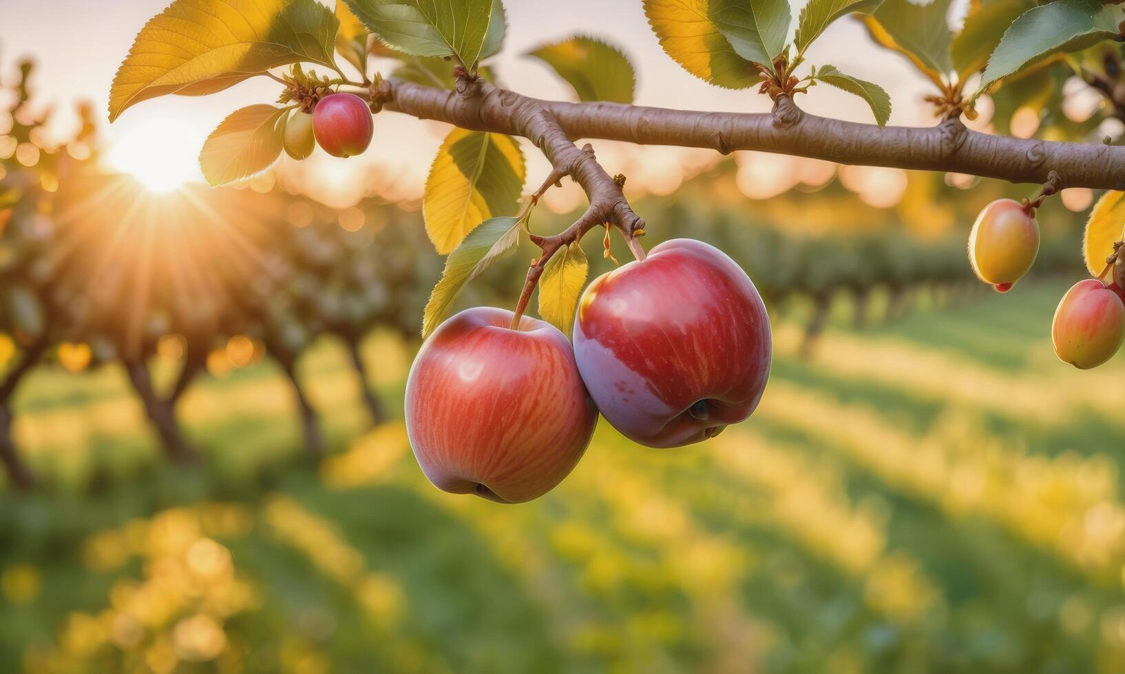 ai gerado maçã em uma árvore ramo dentro a jardim às pôr do sol foto
