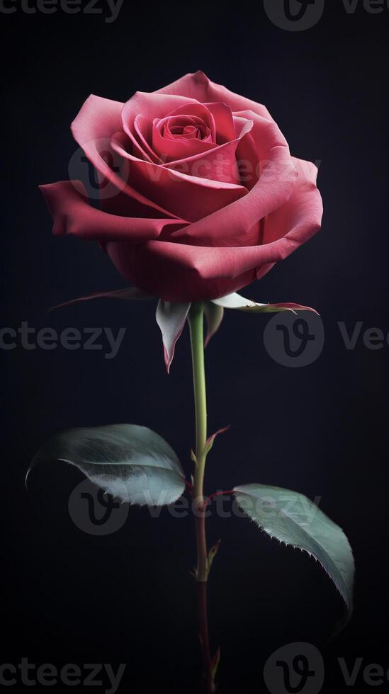 ai gerado uma solteiro vermelho rosa é mostrando contra uma Preto fundo foto