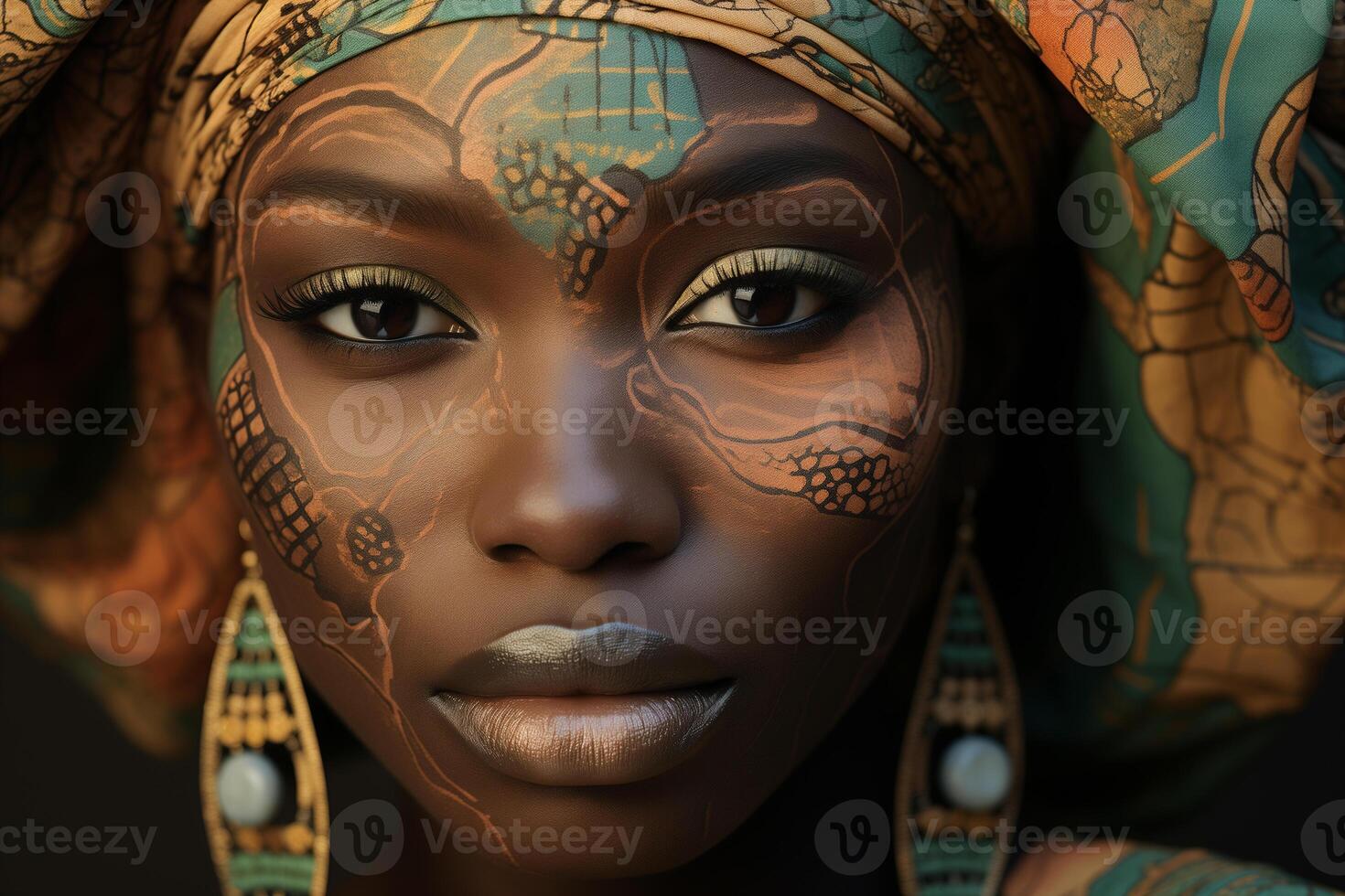 ai gerado retrato do a africano americano mulher com uma mapa em dela face foto