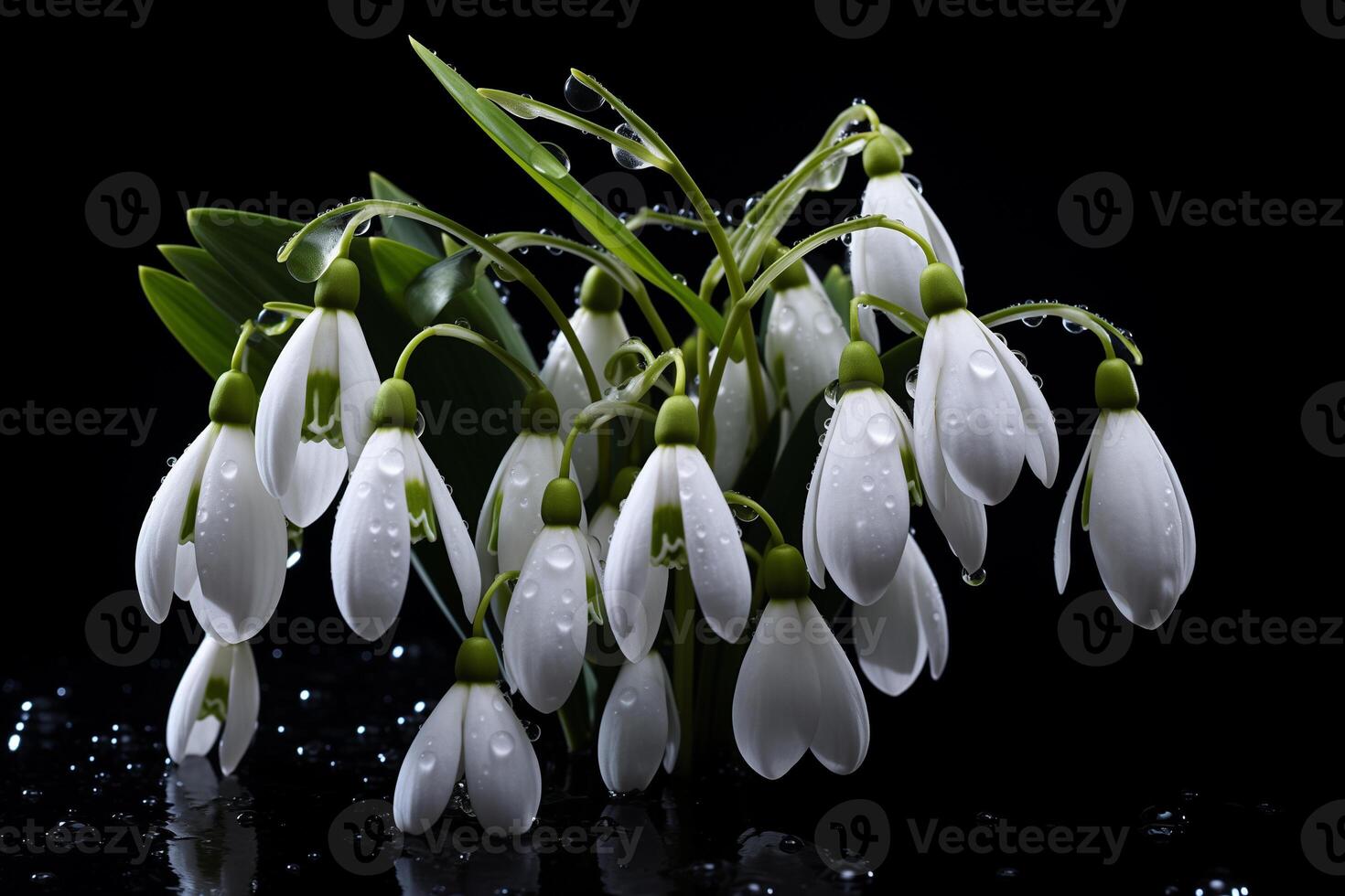 ai gerado ramalhete do snowdrops com água gotas em uma Preto fundo foto