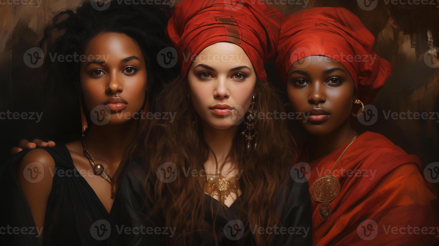 ai gerado retrato do três jovem africano americano mulheres. Preto história mês conceito. foto