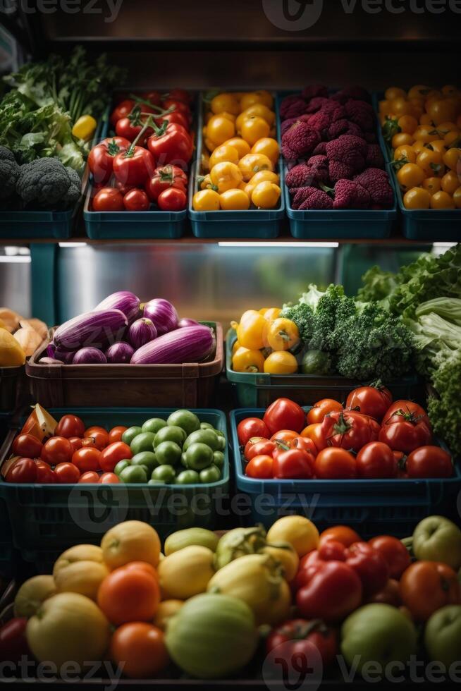 ai gerado uma colorida exibição do fresco frutas e legumes dentro mercado caixas foto