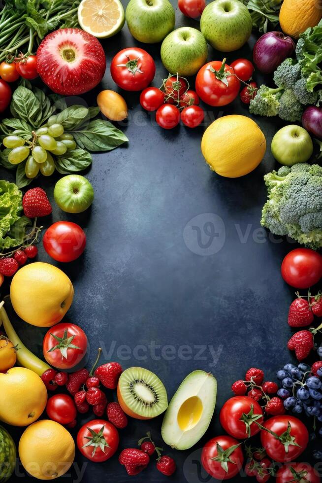 ai gerado uma colorida arranjo do frutas e legumes dentro uma circular padronizar foto