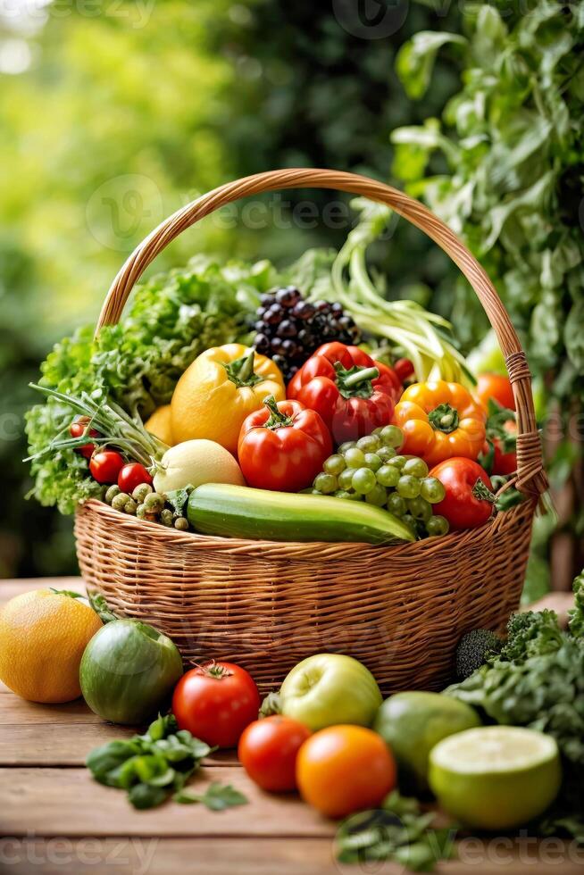 ai gerado uma colorida sortimento do frutas e legumes dentro uma cesta foto