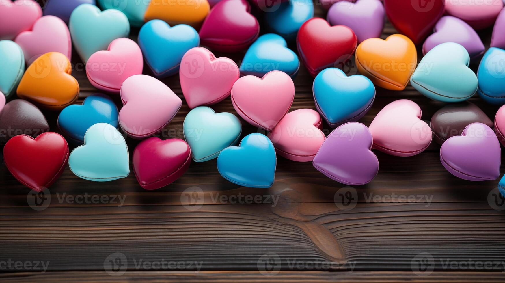 ai gerado colorida em forma de coração macarons em Sombrio madeira foto