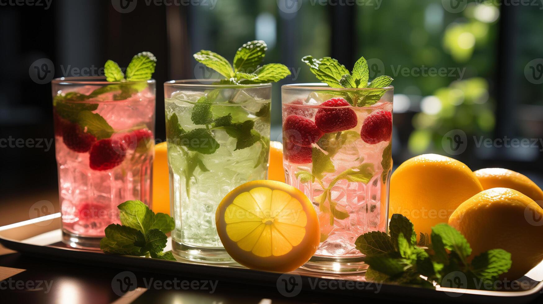 ai gerado verão bebidas, fresco e colorida, com hortelã e frutas, luz solar beijos. foto