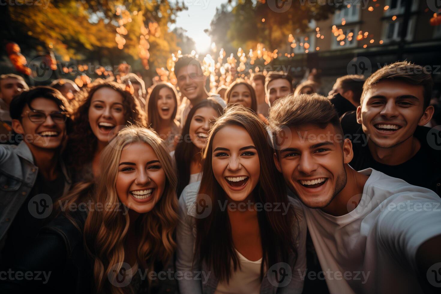 ai gerado alegre grupo do amigos levando uma selfie às ao ar livre encontro foto