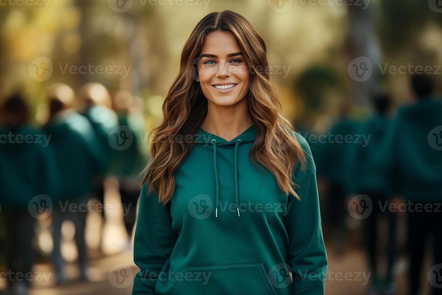 ai gerado sorridente jovem caucasiano mulher dentro verde capuz, perfeito para estilo de vida branding foto