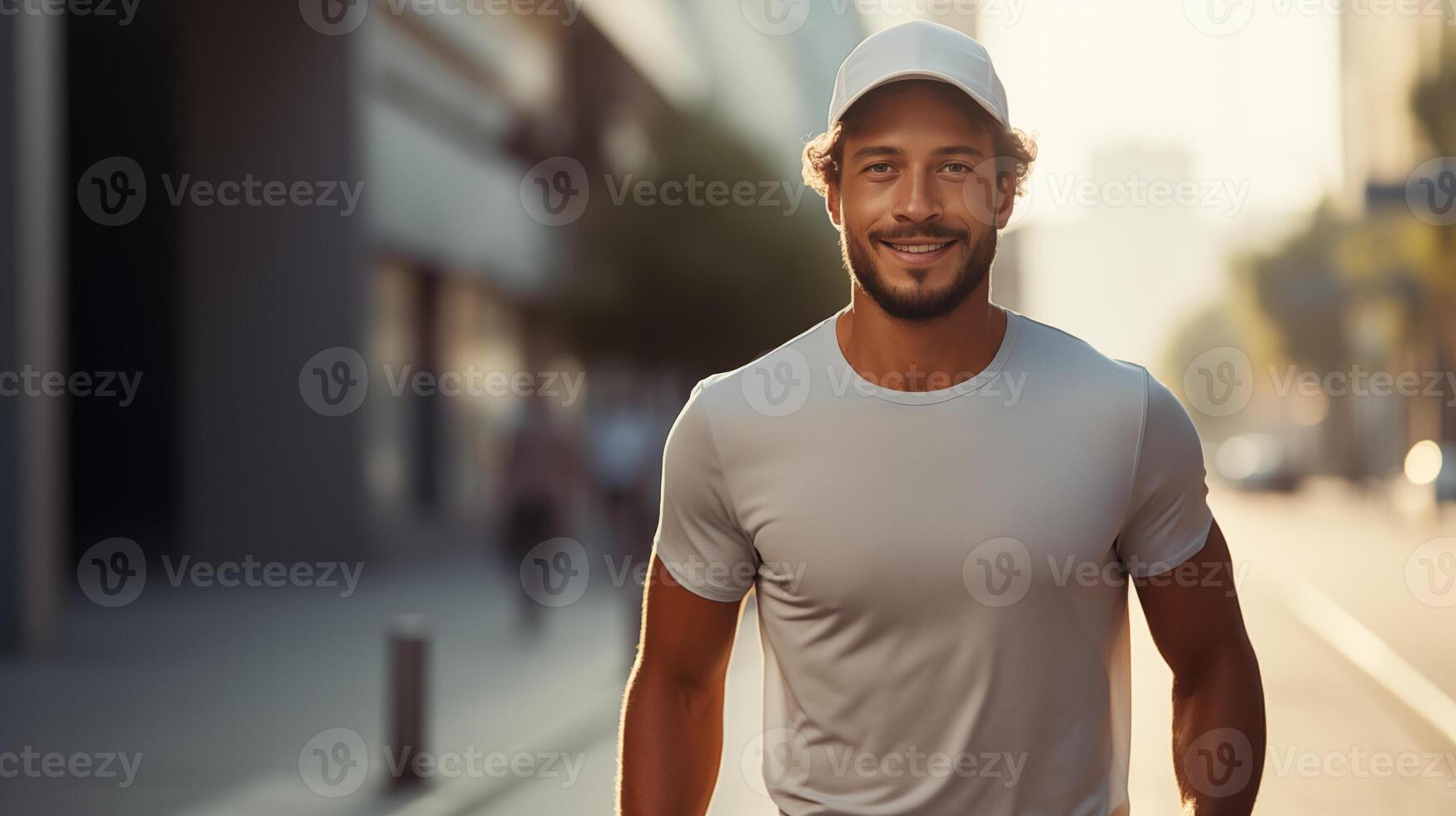 ai gerado sorridente jovem homem dentro casual vestuário desfrutando uma ensolarado urbano configuração foto