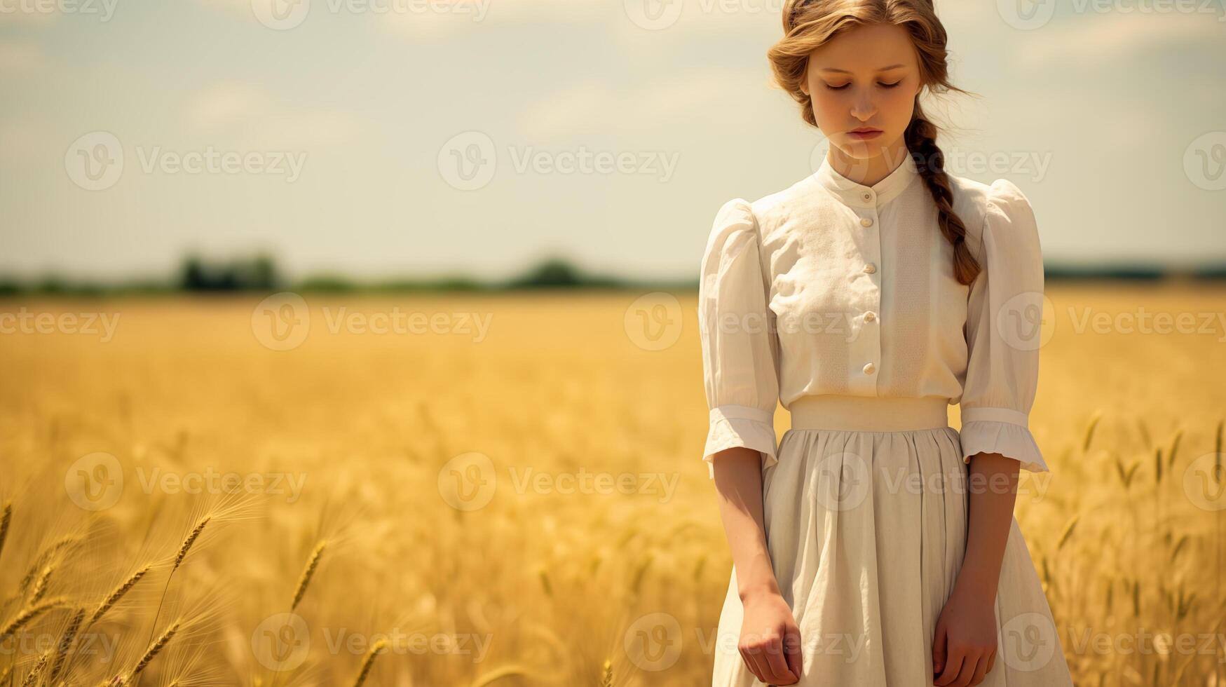 ai gerado jovem mulher dentro trigo campo contemplando. foto