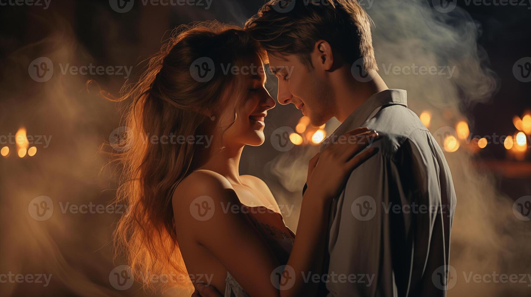 ai gerado íntimo casal abraçando dentro luz de velas neblina foto