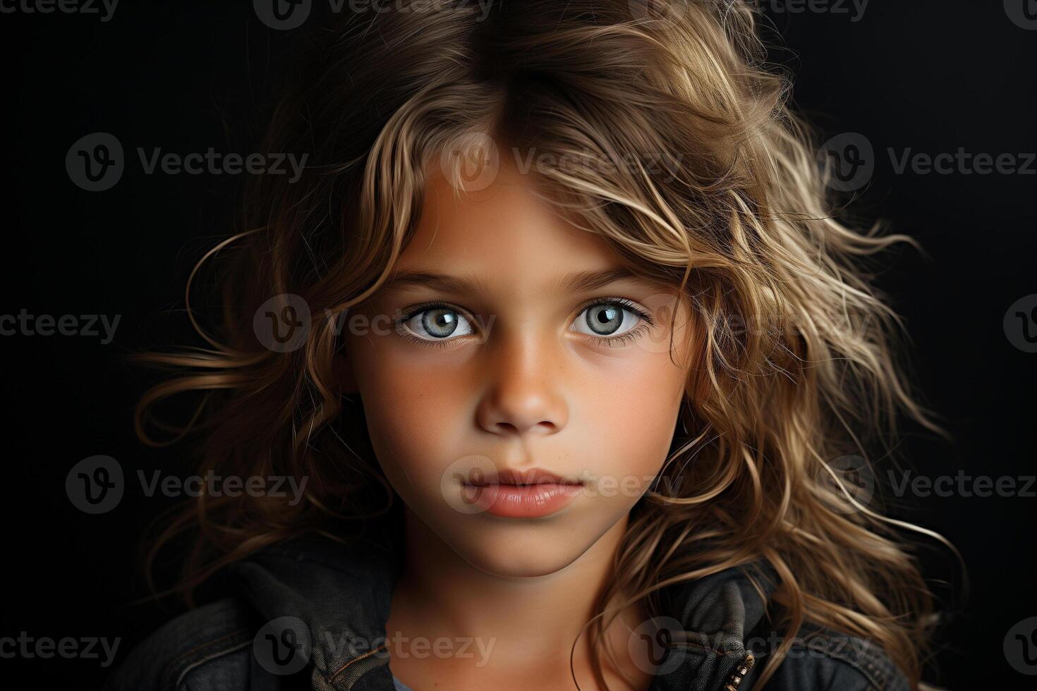 ai gerado retrato do uma jovem menina com impressionante azul olhos e ondulado cabelo foto