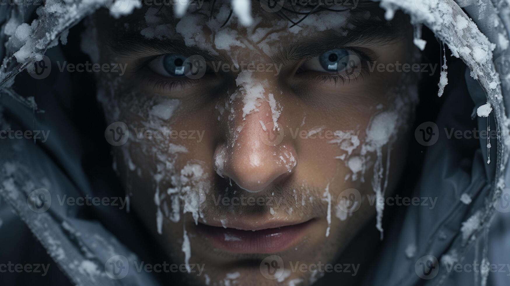 ai gerado uma homem com azul olhos é coberto dentro neve e gelo com uma de capuz em dele cabeça e dele face coberto dentro neve. foto