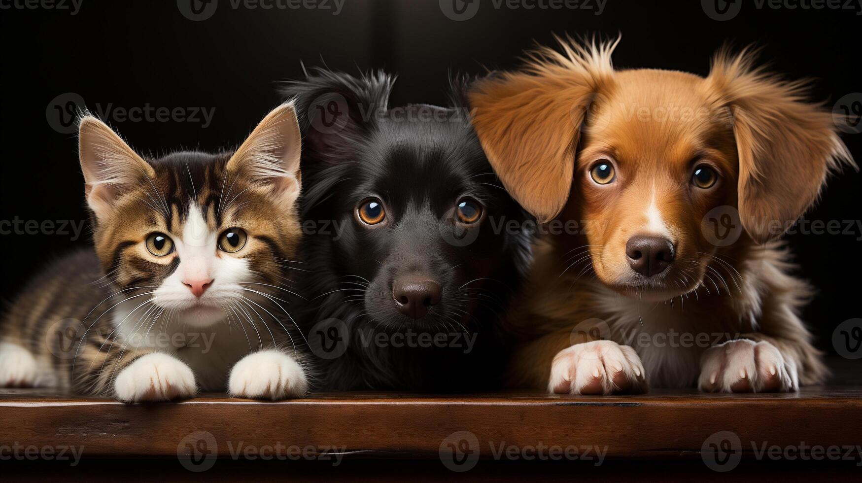 ai gerado dois cachorros e uma gato estão sentado juntos em uma mesa com uma Preto fundo. todos três animais ter seus olhos aberto e estão olhando diretamente às a Câmera. foto