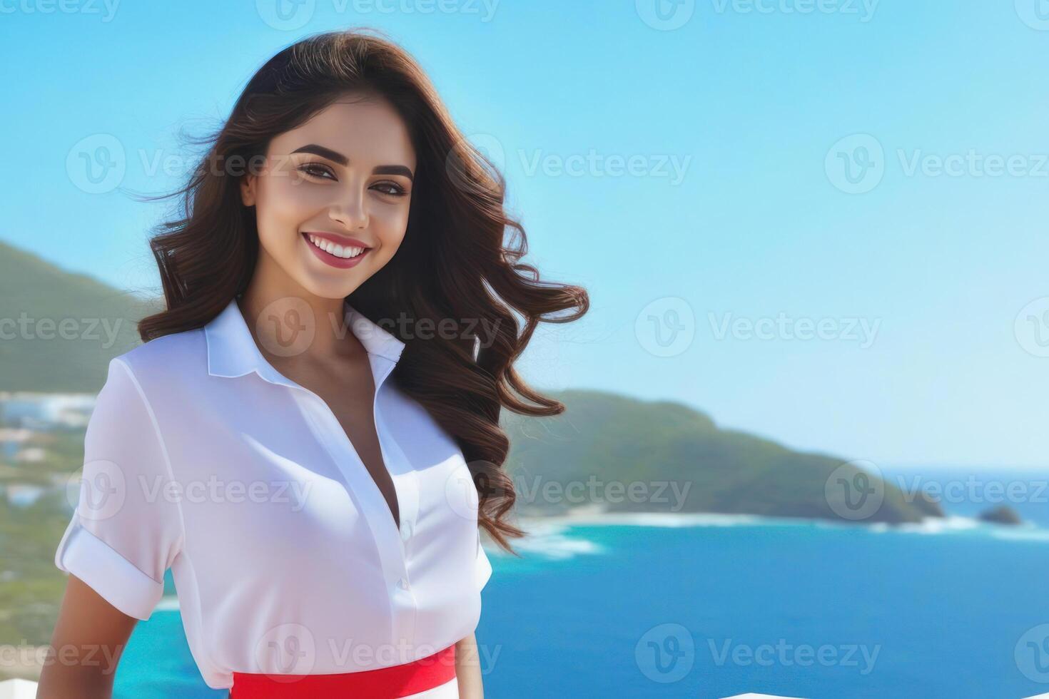 ai gerado lindo jovem sorridente espanhol morena mulher, mar e azul céu em a fundo. generativo ai foto