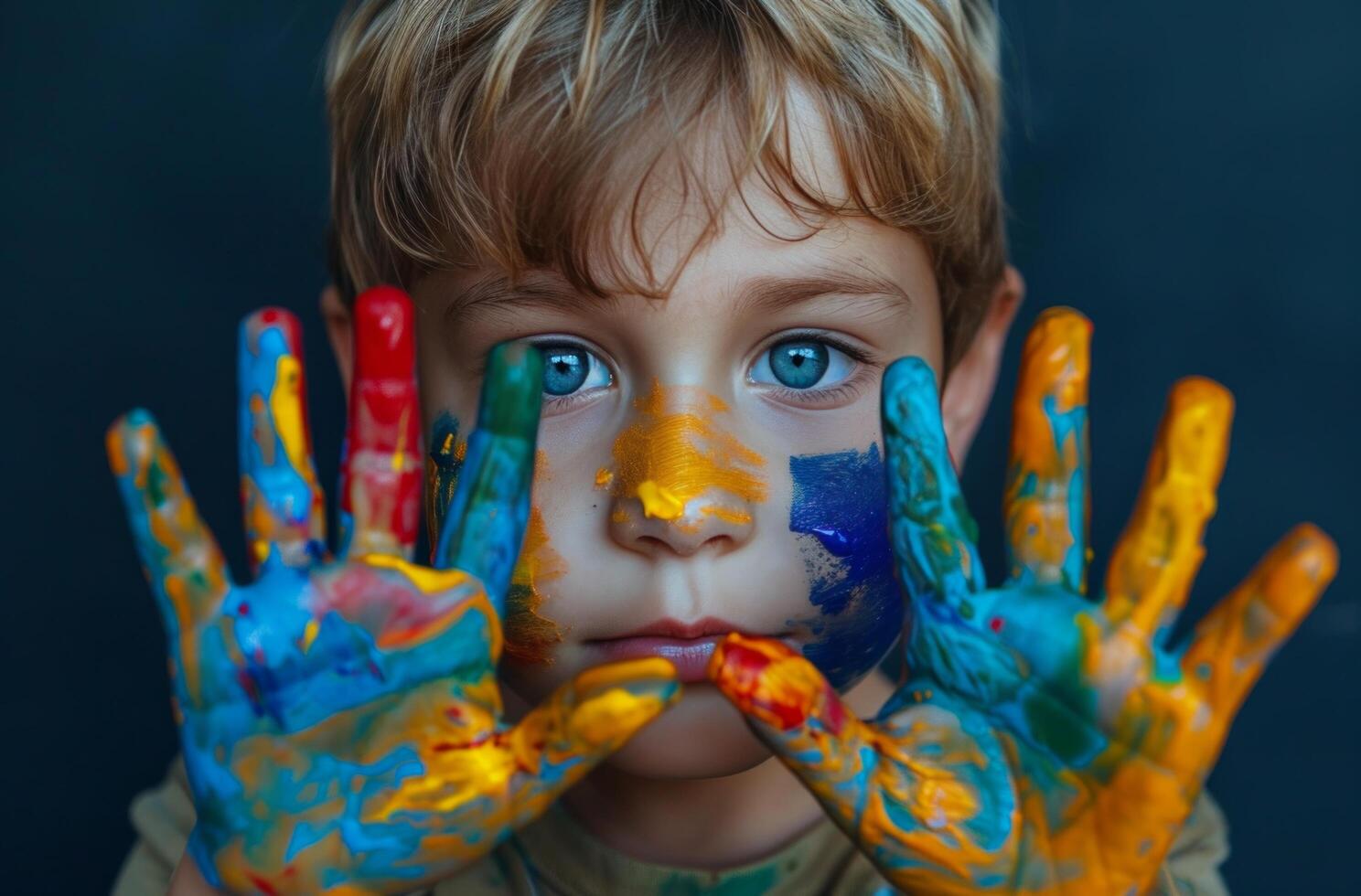 ai gerado uma pré-escolar com dele mãos pintado com muitos cores ele poderia escolher a partir de foto