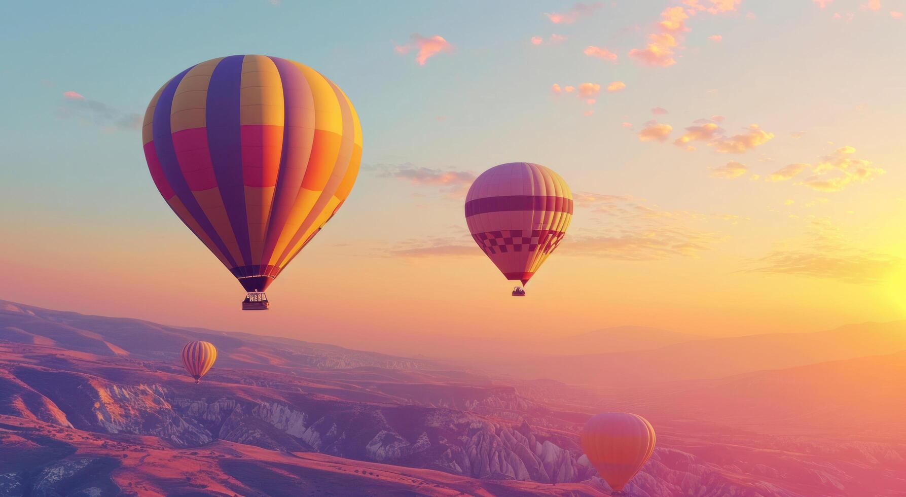 ai gerado quente ar balões vôo acima Alto colinas, platô, nascer do sol balão foto